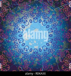 Mandala runden Rahmen in blauer Farbe. Indische kunst Ornament. Alte vintage Card Design. Retro Blumenmuster. Blue snowflake Spitze. Abstract grunge Element Stock Vektor