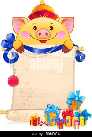 Gelbe erdigen Schwein für das Neue Jahr 2019. Symbol der chinesischen Horoskop - Schwein mit einer Schriftrolle. Stock Vektor