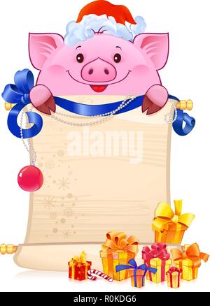 Erdige Schwein für das Neue Jahr 2019. Symbol der chinesischen Horoskop - Schwein mit einer Schriftrolle. Stock Vektor