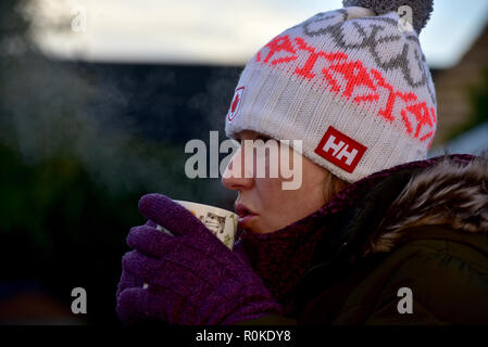 Viel von Wales wachte an diesem Morgen Schicht der Oberfläche frost für Windschutzscheiben und eisigen Temperaturen. Eis entfernen aus einem Auto Windschutzscheibe Stockfoto