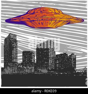 Vector Illustration UFO mit Licht Fliegen über Stadt bei Nacht Stock Vektor