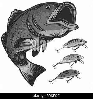 Fische angeln und Köder Logo auf weißem Vektor-illustration isoliert Stock Vektor