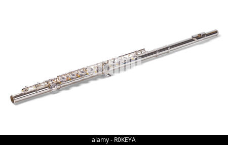 Glänzendes Silber Flöte isoliert auf einem weißen Hintergrund. Stockfoto