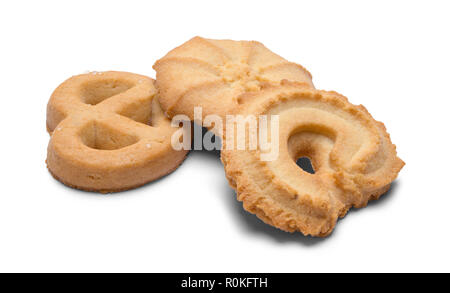 Drei dänische Butter Cookies isoliert auf einem weißen Hintergrund. Stockfoto