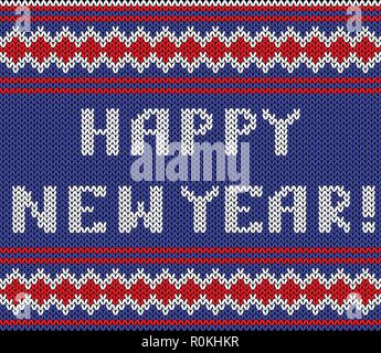 Gestrickte Schriftzug. Frohes neues Jahr. Nachahmung knitting Fabric. Mehrfarbig stricken - Buchstaben und Ornament Stock Vektor