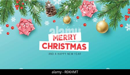Eine festliche Weihnachten Banner Design mit Tannenzweigen, Bögen, Tannenzapfen und Dekorationen. Vector Illustration. Stock Vektor