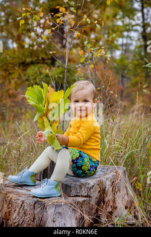 Gerne kleine Mädchen Wanderungen im Herbst Park, sammelt die Blätter. Blicken Sie hinter einem Baum. Stockfoto