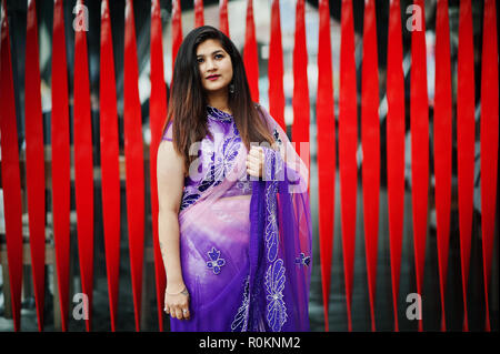 Indisch-hinduistischen Mädchen an traditionellen Violett saree stellte auf der Straße gegen den roten Hintergrund. Stockfoto