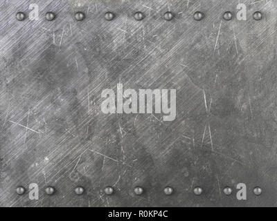 Hintergrund von Zerkratzt Metallplatte mit Nieten gebildet. 3D-Darstellung. Stockfoto