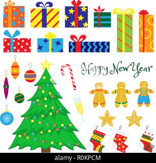 Satz von Weihnachtsschmuck - Weihnachtsbäume, Weihnachten Spielzeug, Geschenke, Lebkuchen, Socken für Geschenke. Flache cartoon Illustrationen. Stock Vektor