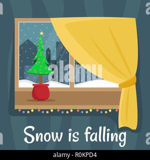 Fenster mit Blick auf den Schnee in der Nacht Stadt. Weihnachten Fenster mit Girlande. Flache Cartoon Illustration. Schnee fällt. Stock Vektor