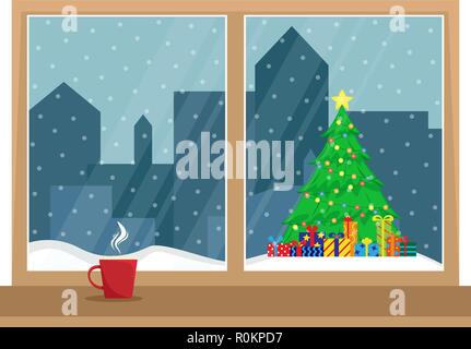 Fenster mit Blick auf den Weihnachtsbaum unter dem Schnee. Weihnachten Fenster. Flache Cartoon Illustration. Stock Vektor