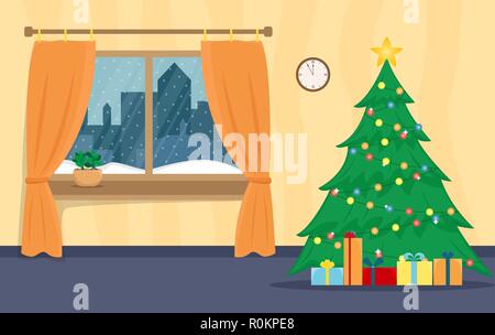 Wohnzimmer für das Neue Jahr eingerichtet. Weihnachten Fenster. Flache Cartoon Illustration. Stock Vektor