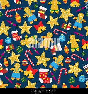 Nahtlose Weihnachten Muster mit Lebkuchen, Weihnachtsbaum, Spielzeug, Süßigkeiten. Stock Vektor