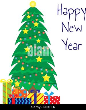 Flache Darstellung mit geschmückten Weihnachtsbaum und Weihnachten Geschenke unter. Stock Vektor