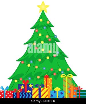 Flache Darstellung mit geschmückten Weihnachtsbaum und Weihnachten Geschenke unter. Stock Vektor