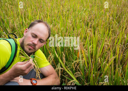 Portrait happy reifen älteren Mann lächelt. Alte senior Bauer mit weißen Bart Daumen hoch, zuversichtlich. Ältere Menschen asiatischer Mann in einem T-Shirt und l Stockfoto