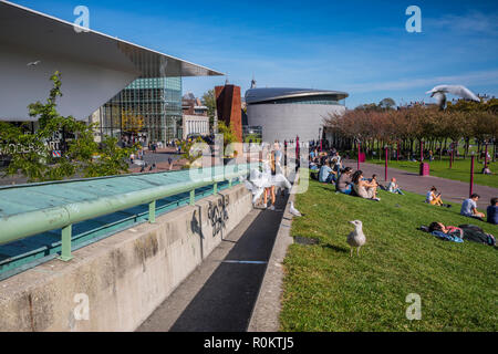 Amsterdam, Van Gogh Museum, Menschen Entspannung am Museumplein Stockfoto