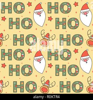 Süße schöne Weihnachten nahtlose Vektor Muster Hintergrund Abbildung mit Santa Claus, Ho Ho Ho Text, Rentier, urlaub Elemente und Sterne Stock Vektor