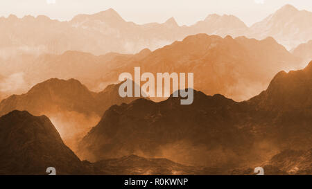 Ruhigen Landschaft mit niedrigen kriechende Nebel in stilisierten Berge Stockfoto