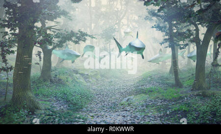 Haie schwimmen in Wald, Gruppe der Haie in der nebligen fantasy Landschaft fliegen, surreal, 3D-Rendering Stockfoto