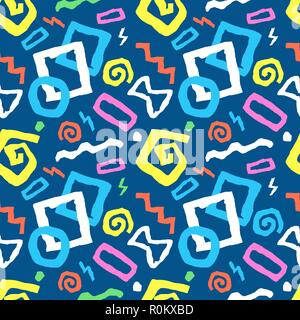 Bunte Nahtlose doodle Kunst Muster in blauer Hintergrund mit unterschiedlichen Formen perfekt für Gewebe, textile, Geschenkpapier, Tapeten. Hand gezeichnet Vektor krank Stock Vektor