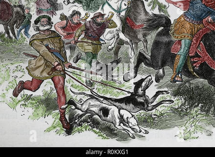 Karolingischer Zeit. Europa. Hunting Party. Jagdhunde. Gravur, Germania, 1882. Detail. Stockfoto