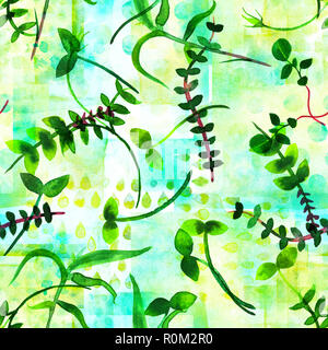 Ein Teal Green nahtlose Muster mit Aquarell Zweige und Blätter, eine Wiederholung der Druck von einem Flickenteppich Hintergrund Stockfoto