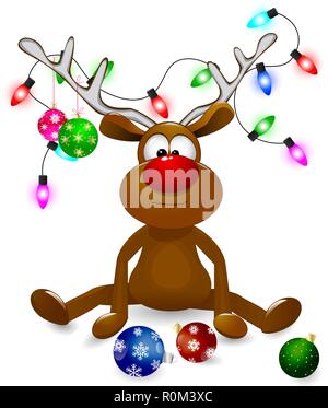 Cartoon Hirsch mit Weihnachtsbaum - Dekorationen und einem Bogen - Knoten eingerichtet. Ein Hirsch mit einem roten Nase auf einem weißen Hintergrund. Stock Vektor