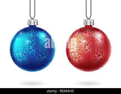 Set von glänzenden Weihnachten rot und blau Ball isoliert. Glitzernde Glitzerkugel. Weihnachten und Neujahr Kugel für Karten, Banner oder Feiertagsdekoration Stock Vektor