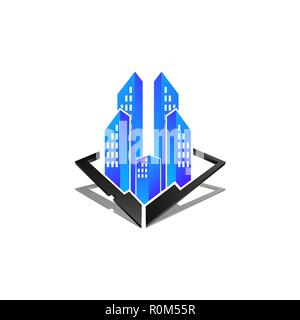 Immobilien logo Konzept, Illustration, Gebäude Logo im Dreidimensionalen grafischen Stil Stock Vektor