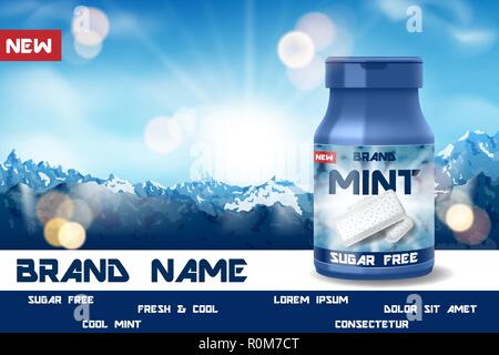 Realistische kühle Mint Gummi Poster-Anzeigen für Ihr Design. Fressen Atem Kaukissen Gummi-Paket Produkt Retro-Stil mit Berg Hintergrund. Vektor 3d Stock Vektor