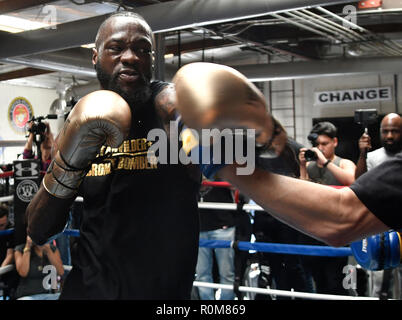 Santa Monica, Kalifornien, USA. 5 Nov, 2018. WBC-Weltmeister DEONTAY WILDER Medien arbeiten im Churchill Fitnessraum. Wilder wird fertig für in seinem mit Spannung erwarteten WBC Schwergewicht WM-Verteidigung gegen Tyson Fury am 1. Dezember. Credit: Gene Blevins/ZUMA Draht/Alamy leben Nachrichten Stockfoto