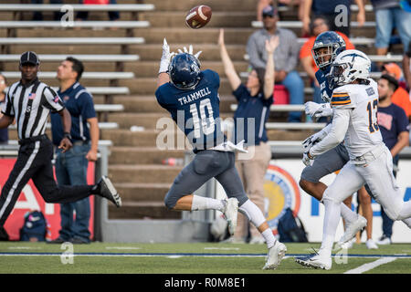 Houston, TX, USA. 3. November, 2018. Reis Eulen wide receiver Austin Trammell (10) macht eine Touchdownaufnahme im 4. Quartal eine NCAA Football Spiel zwischen der UTEP Miners und der Reis Eulen am Rice Stadium in Houston, TX. UTEP gewann das Spiel 34 zu 26. Trask Smith/CSM/Alamy leben Nachrichten Stockfoto