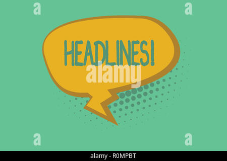 Text Zeichen zeigen Schlagzeilen. Konzeptionelle Foto als Überschrift oben auf der Seite einen Artikel in einer Zeitung oder Zeitschrift. Stockfoto