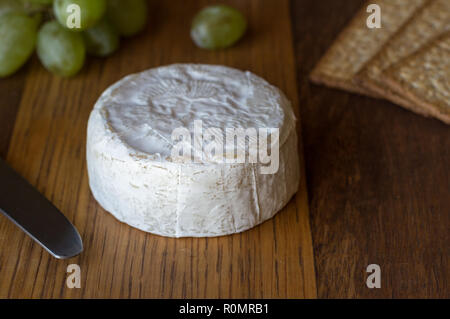 Camembert rund auf Eiche Tisch mit selektiven Fokus und Trauben und Cracker im Hintergrund Stockfoto