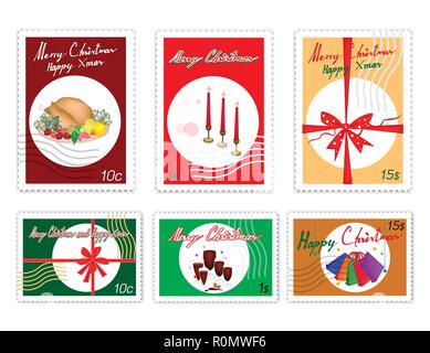 Merry Xmas, Post Briefmarken Satz von Hand gezeichnete Skizze von Red Wind, Truthahn, Kerzen und Einkaufstaschen. Zeichen für Weihnachten Jahreszeiten. Stock Vektor