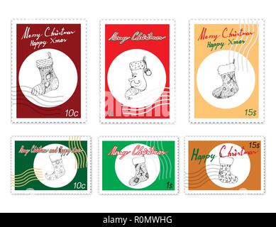 Merry Xmas, Post Briefmarken Satz Abbildung Hand gezeichnete Skizze Weihnachten Strümpfe hängen in der Luft warten auf Santa Claus kommt an Weihnachten Ni Stock Vektor