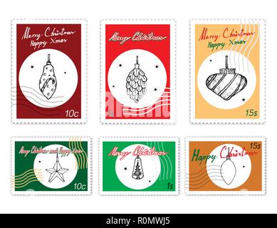 Merry Xmas, Post Briefmarken Satz Abbildung Hand gezeichnete Skizze der verschiedenen Stil der Schönen Weihnachtsbeleuchtung, eine der am häufigsten gesehen Symbole von Chris Stock Vektor