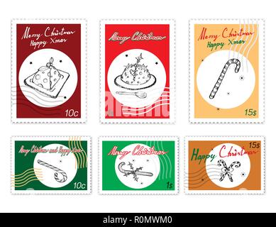 Merry Xmas, Post Briefmarken Satz Abbildung Hand gezeichnete Skizze von schönen Pudding Kuchen und Zuckerstangen, Zeichen für die Weihnachtsfeier. . Stock Vektor