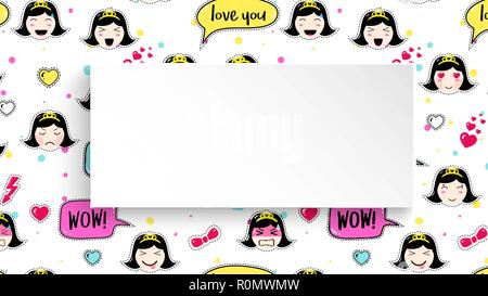 Mädchen Banner mit Anime emoji Muster. Süße Aufkleber mit emotico Stock Vektor