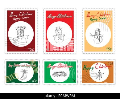 Merry Xmas, Post Briefmarken Satz Abbildung Hand gezeichnete Skizze der Dornenkrone, HERRNHUTER Sterne, Schneemänner, Kamin und Eislaufen mit Stechpalme Zweigen. S Stock Vektor