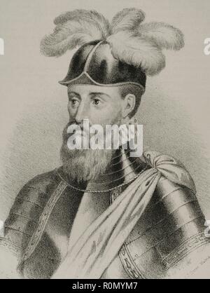 Francisco Pizarro (1478-1541). Conquistador Español. Iniciaría Lideró la expedición que la Conquista del Perú. Gobernador de Nueva Castilla. Dibujo por J. Cebrián. Las Mejores. Litografía. Crónica de España, Historia y Ilustrada Descriptiva de Sus Provincias. Extremadura, 1870. Biblioteca Histórico Militar de Barcelona. Catalunya, España. Stockfoto