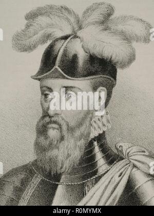 Francisco Pizarro (1478-1541). Conquistador Español. Iniciaría Lideró la expedición que la Conquista del Perú. Gobernador de Nueva Castilla. Dibujo por J. Cebrián. Las Mejores. Litografía. Crónica de España, Historia y Ilustrada Descriptiva de Sus Provincias. Extremadura, 1870. Biblioteca Histórico Militar de Barcelona. Catalunya, España. Stockfoto