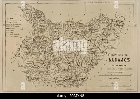 Mapa de la Provincia de Badajoz. Crónica de España, Historia y Ilustrada Descriptiva de Sus Provincias. Extremadura, 1870. Biblioteca Histórico Militar de Barcelona. Catalunya, España. Stockfoto