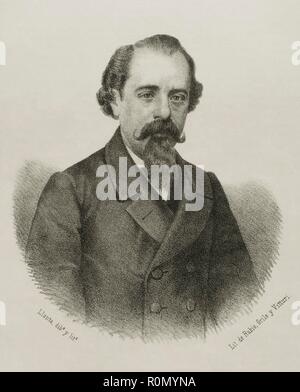 Adelardo López de Ayala (1828-1879). Dramaturgo, Académico y político Español. Adscrito al realismo literario. Miembro de la Real Academia de la Lengua. Ministro de Ultramar durarante el Sexenio Democrático y la Restauración. Dibujo por Llanta. Litografía. Retrato. Crónica de España, Historia y Ilustrada Descriptiva de Sus Provincias. Extremadura, 1870. Biblioteca Histórico Militar de Barcelona. Catalunya, España. Stockfoto