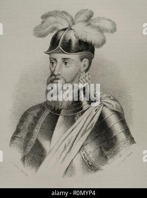 Francisco Pizarro (1478-1541). Conquistador Español. Iniciaría Lideró la expedición que la Conquista del Perú. Gobernador de Nueva Castilla. Dibujo por J. Cebrián. Litografía. Crónica de España, Historia y Ilustrada Descriptiva de Sus Provincias. Extremadura, 1870. Biblioteca Histórico Militar de Barcelona. Catalunya, España. Stockfoto