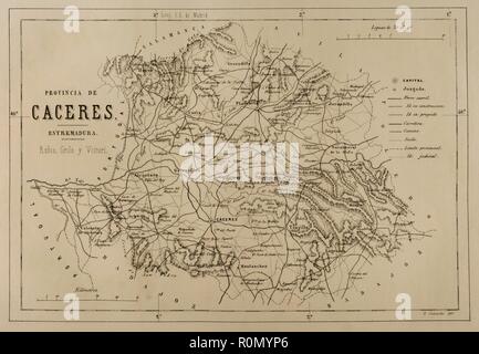 Mapa de la Provincia de Cáceres. Crónica de España, Historia y Ilustrada Descriptiva de Sus Provincias. Extremadura, 1870. Biblioteca Histórico Militar de Barcelona. Catalunya, España. Stockfoto