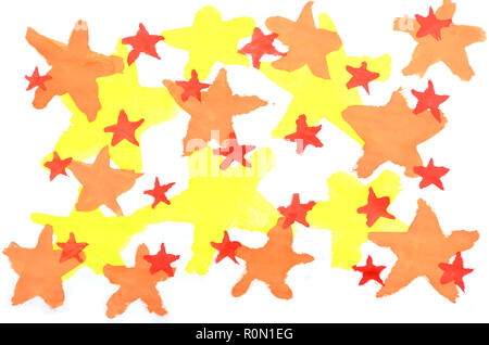 Zusammenfassung Hintergrund aquarell Abbildung mit dem Bild einer Reihe von gelb, rot und orange Sterne in verschiedenen Größen, die sich gegenseitig überlappen. Stockfoto