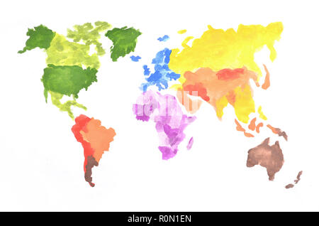 Die Weltkarte ist mit farbigen Aquarellfarben auf weißem Papier. Alle Kontinente der Welt werden in verschiedenen Farben dargestellt. Stockfoto